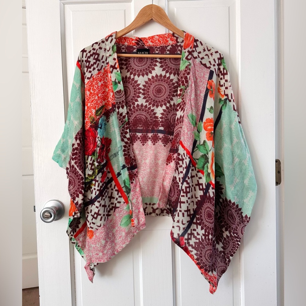 Saachi Artsy Twill Weaved Kimono Wool & Silk Open Cardigan Shrug Boho One Size
